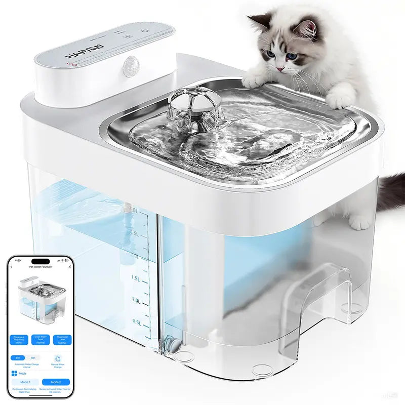 Smart Cat Water Fountain - 3L Clean Tank Keeps Water Fresh, Easy-Rinse Separate Tanks Simplify Upkeep, Filter-Free, 2 Flow Modes, Cordless 5000mAh, App Control for Multi-Cat Homes & Busy Owners