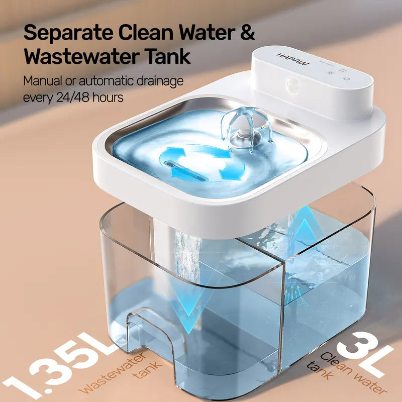 Smart Cat Water Fountain - 3L Clean Tank Keeps Water Fresh, Easy-Rinse Separate Tanks Simplify Upkeep, Filter-Free, 2 Flow Modes, Cordless 5000mAh, App Control for Multi-Cat Homes & Busy Owners