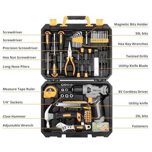 Tool Kit with 8V Cordless Drill,Tool Box with Drill,Hand Drill Set for Men & Women,Home Tool Kits for House Repair,Handyman,DIY 126 Piece