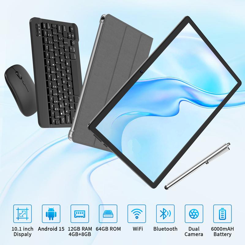 PYNAREL Android 15 Tablet 10.1", 2-in-1 Portable Device, 12GB RAM, Holiday Gift
