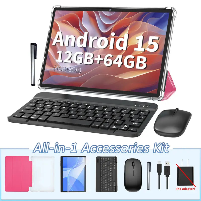 PYNAREL Android 15 Tablet 10.1", 2-in-1 Portable Device, 12GB RAM, Holiday Gift